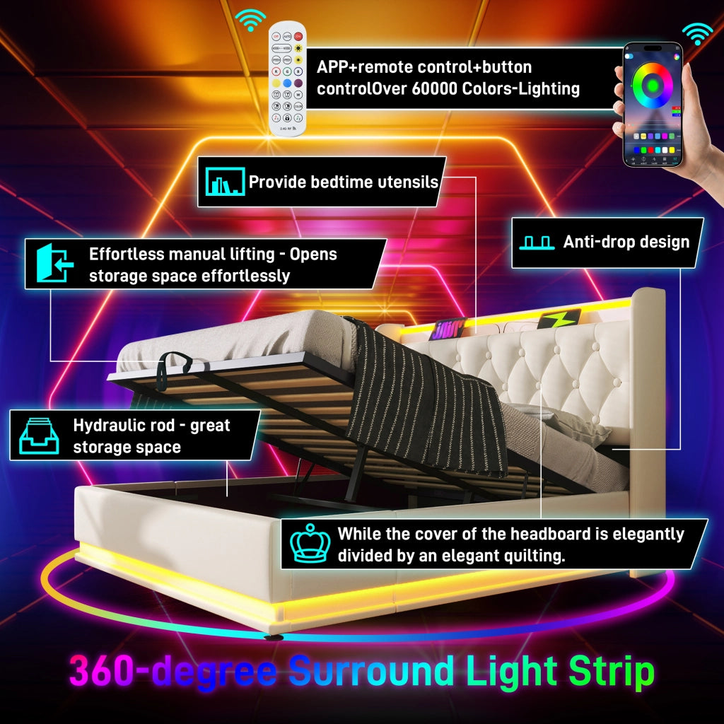 LETTO Contenitore 140x190 cm PU Bianco con LED, USB e Type-C