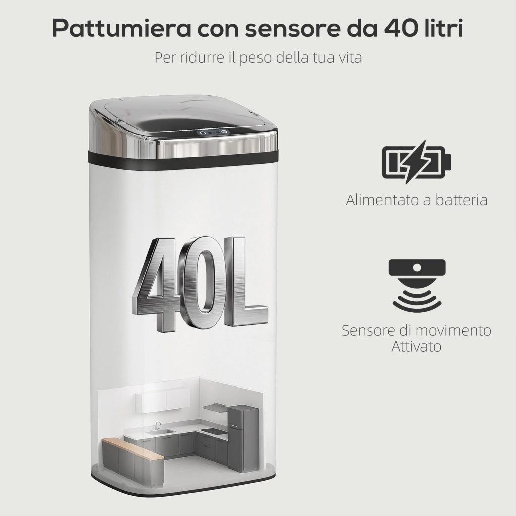 Pattumiera Automatica con Sensore ¨C Xylo ¨C 40L Argento 33x25x70cm