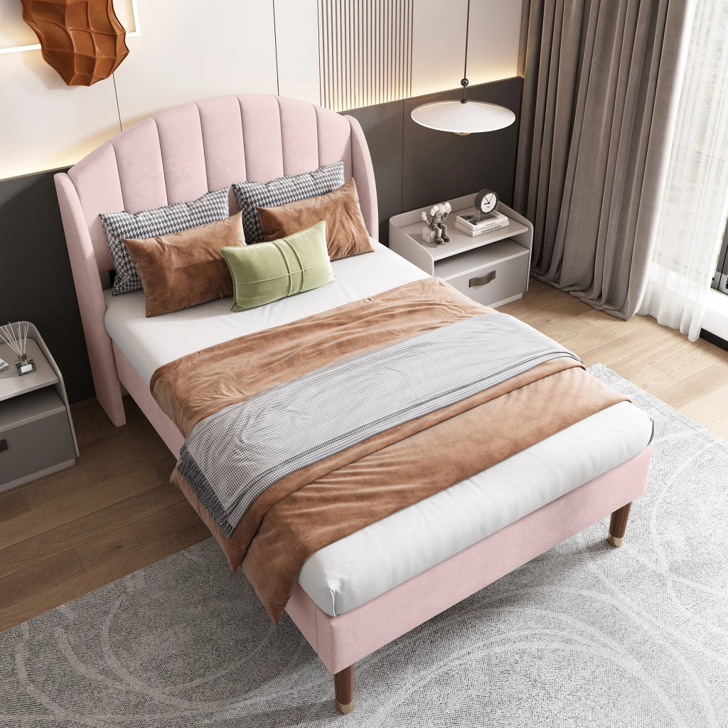 LETTO Imbottito 90x200 cm in velluto rosa con rete a doghe e testiera