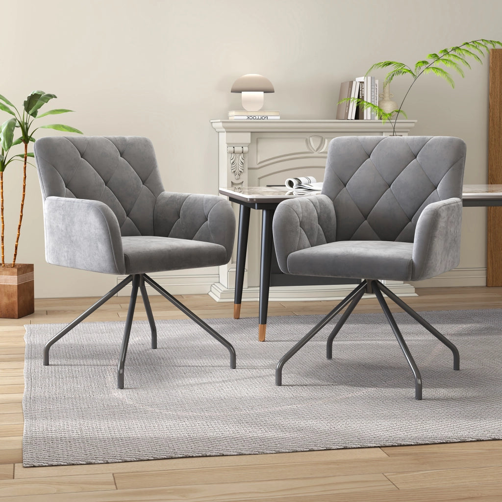 Sedia da Pranzo Set da 2 con Schienale Ergonomico e Braccioli, in Velluto Grigio Chiaro