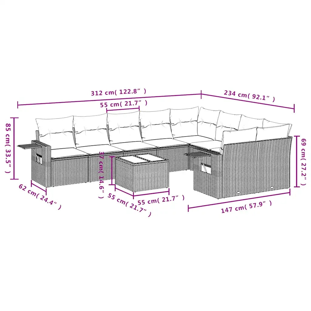 Set Divani da Giardino 10pz con Cuscini in Polyrattan Marrone 3252990
