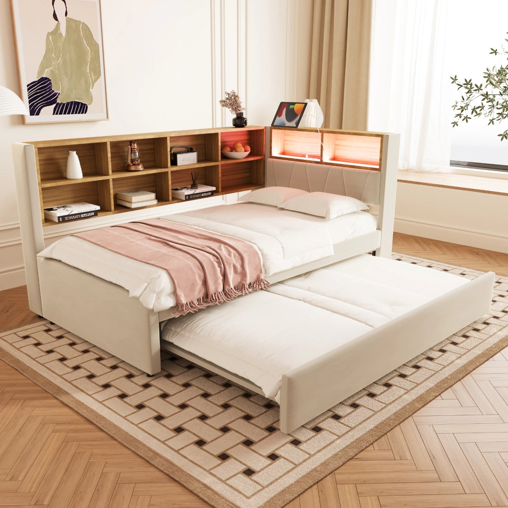 Divano letto 90x200 - Zephmum - LED, prese, ripiani, flanella beige