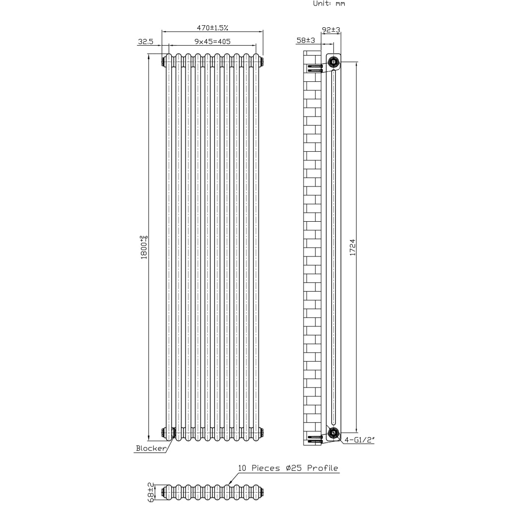 Radiatore 2 Colonne Verticale Metallo Grezzo 1800x470 mm