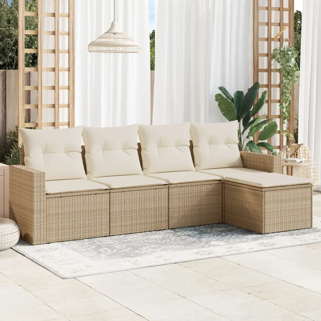 Set Divano da Giardino 5 pz con Cuscini Beige in Polyrattan