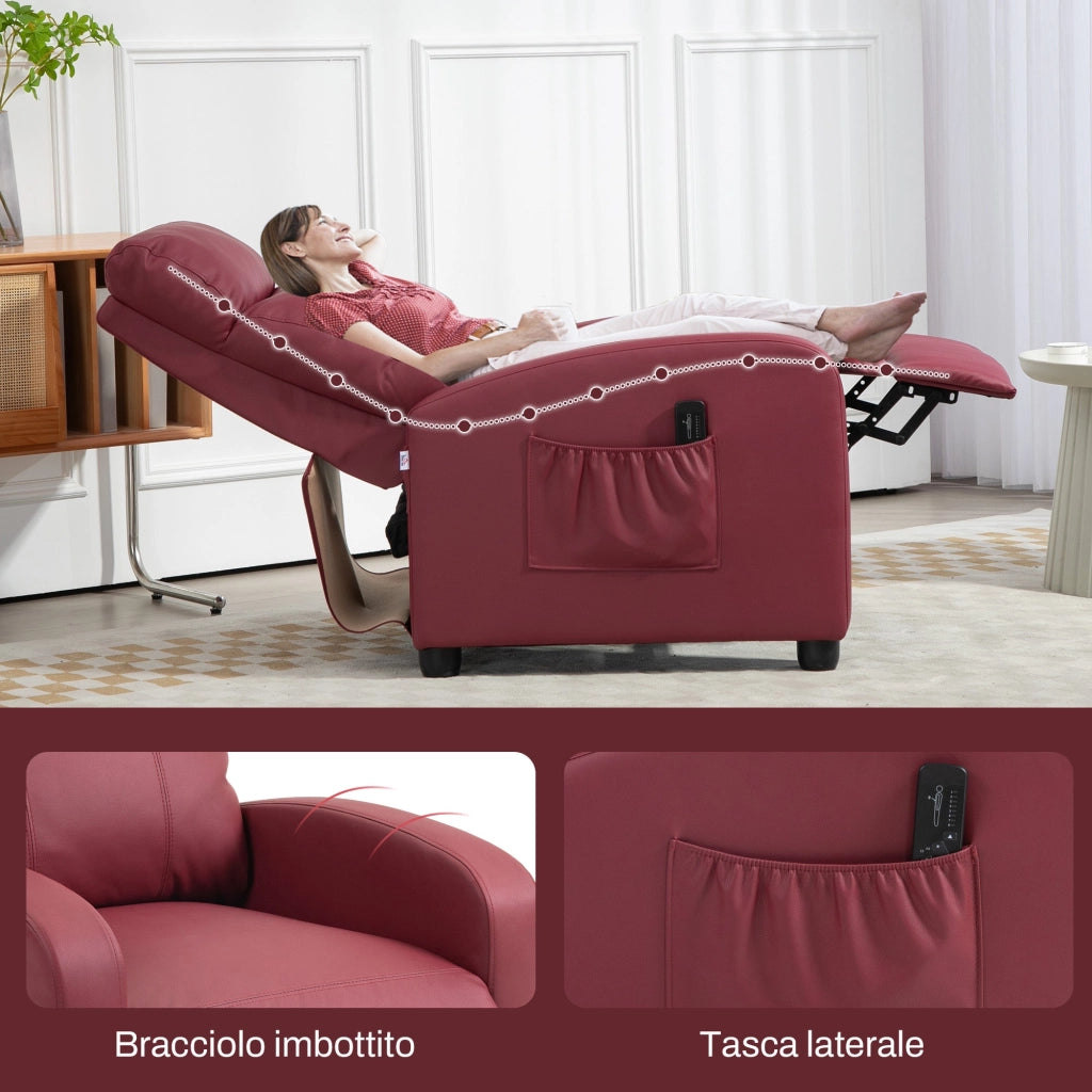 Poltrona Relax Massaggiante 68x88x98 cm con Telecomando e 8 Programmi Reclinazione e Poggiapiedi Rosso