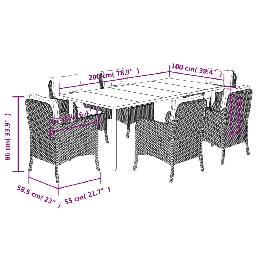 Set da Pranzo da Giardino 7 pz con Cuscini in Polyrattan Grigio