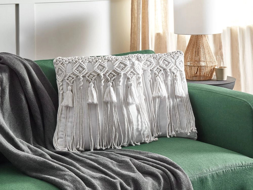 Set di 2 cuscini in cotone eacrame con motivo intrecciato bianco e frange 45 x 45 cm stile boho eleganti