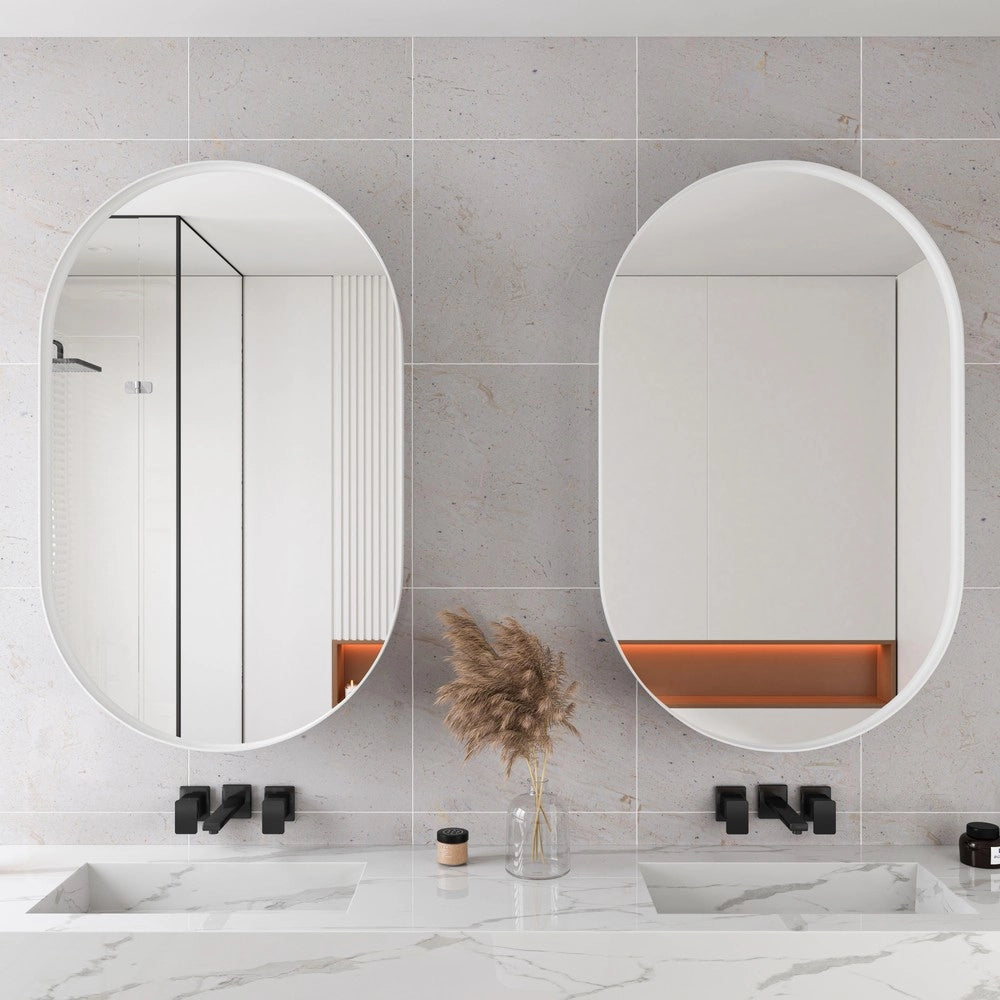 Armadietto Specchio Ovale da Bagno con Ripiani Regolabili ¨C MINIMAL ¨C Bianco
