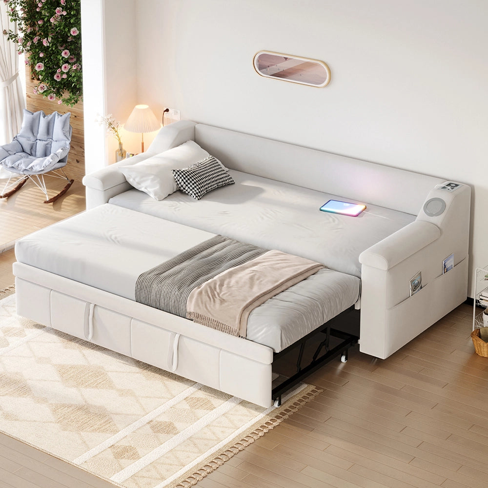 Divano letto-Xylo-90x190 cm-Bluetooth, USB, velluto beige