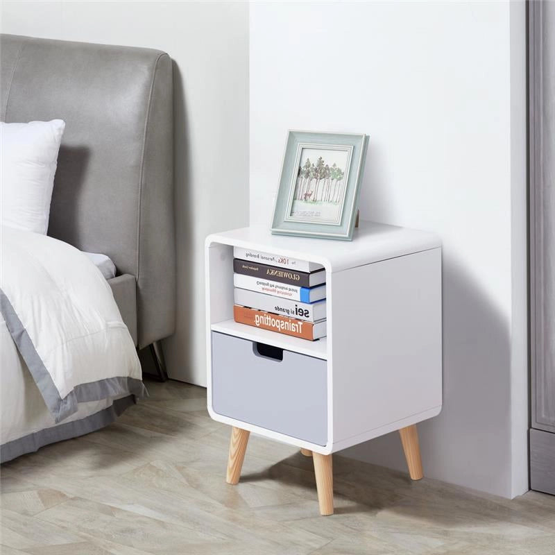COMODINO CON CASSETTO IN LEGNO DI PINO 40X38X58 CM BIANCO E GRIGIO