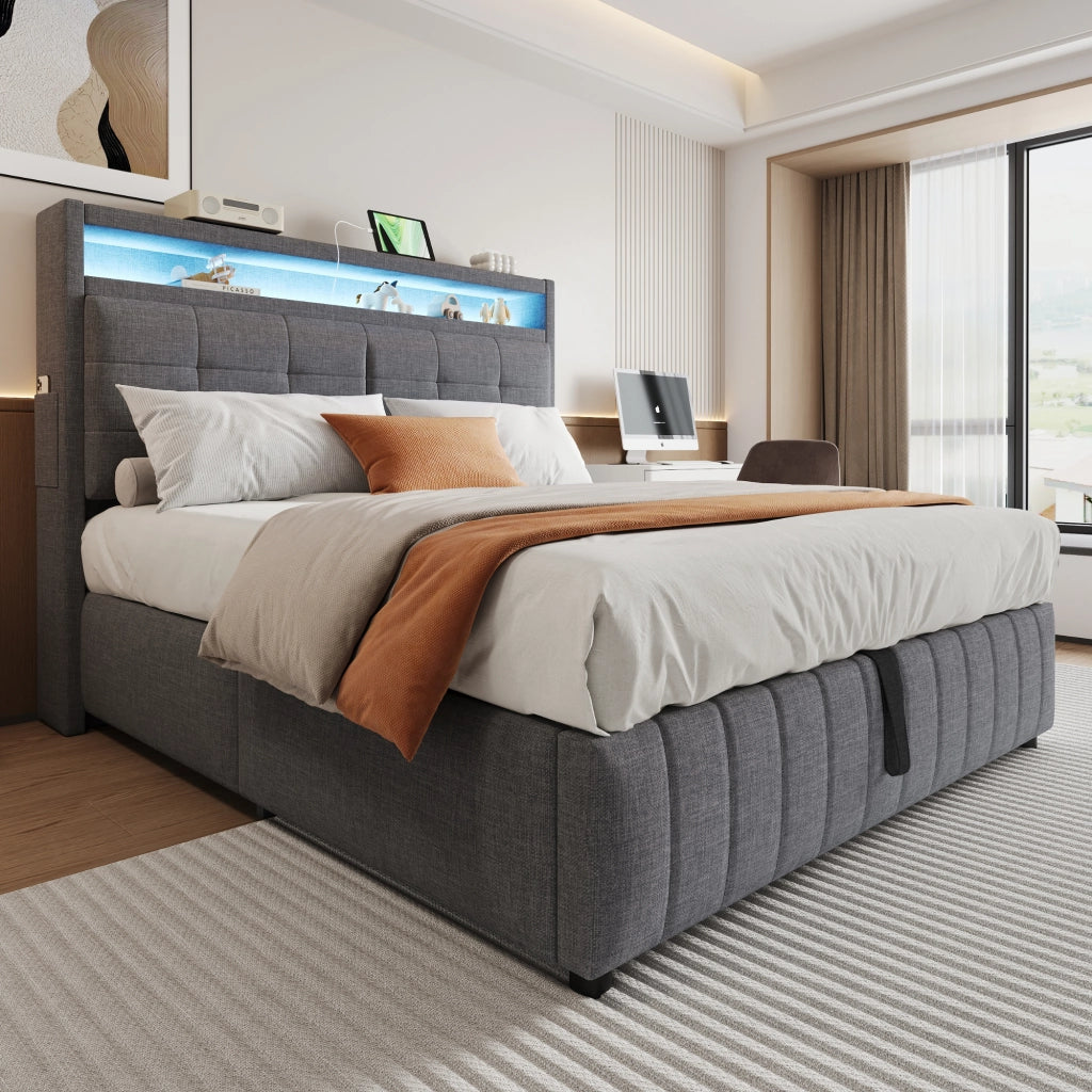 LETTO Imbottito 160x200 cm Grigio in lino con LED, USB e contenitore