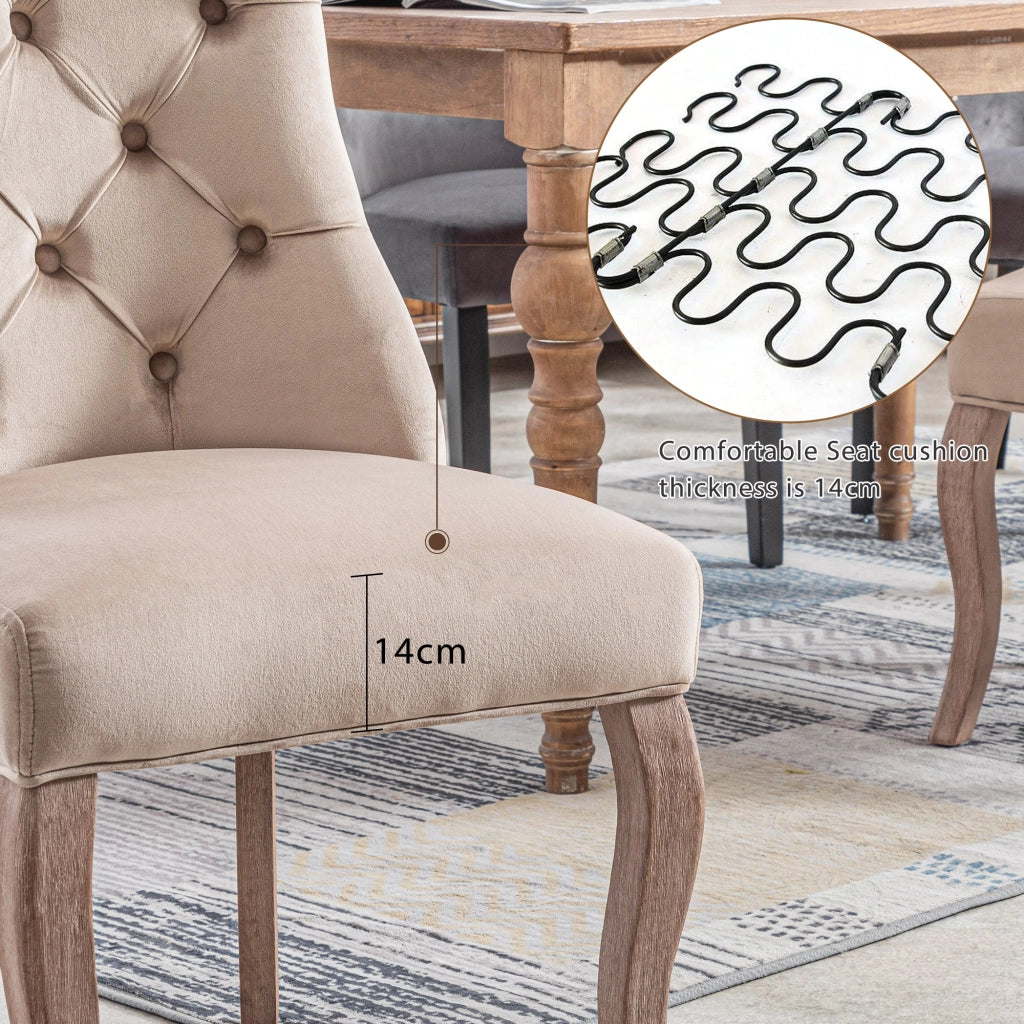 Sedia da pranzo in velluto con schienale alto e bottonatura, struttura in legno di caucciù stile moderno beige