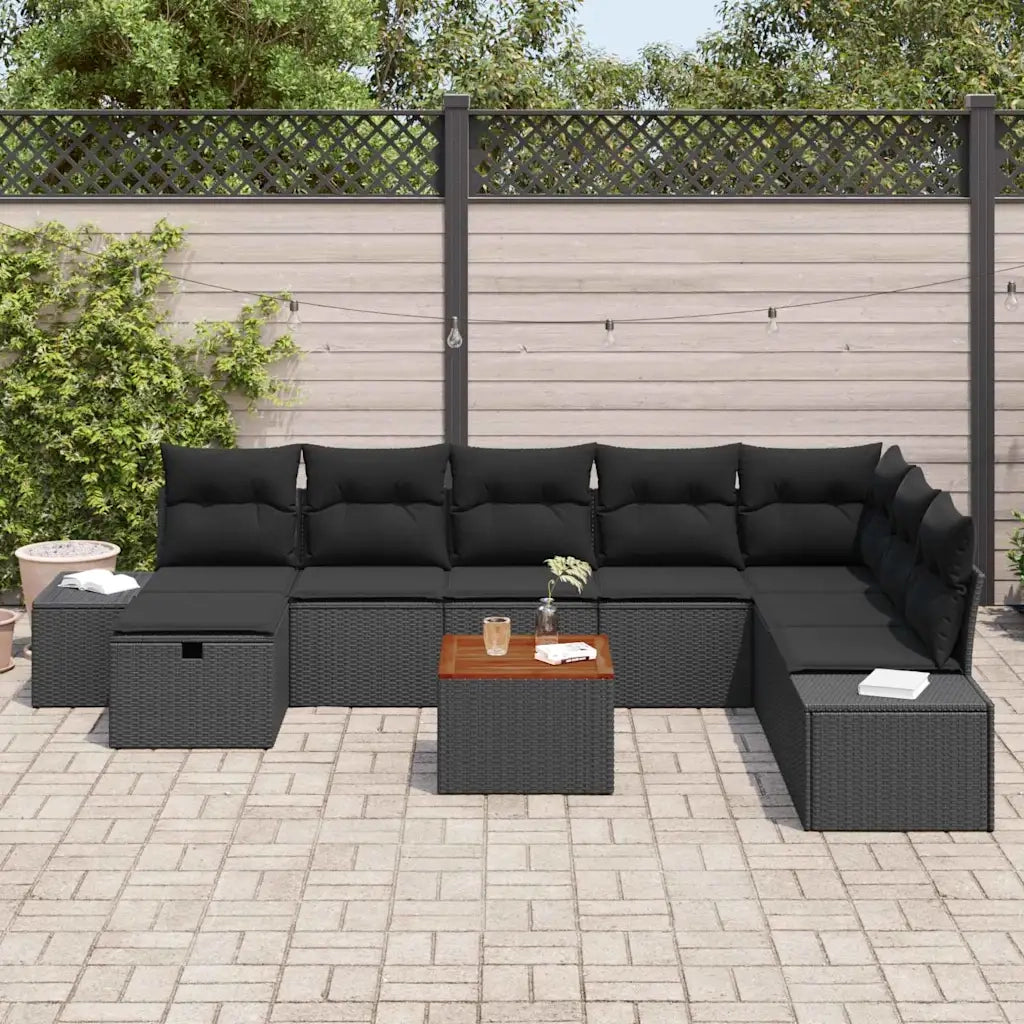 Set Divano da Giardino con cuscino 9 pcs Nero polyrattan