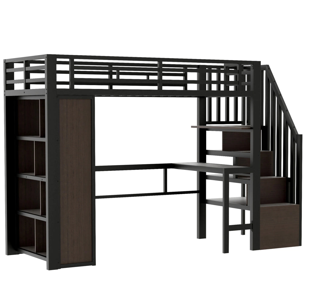 Letto a soppalco 90x200 cm con scrivania; ripiani; scala contenitore e LED; nero