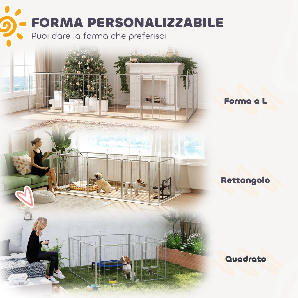 Recinto per Cani a 8 Pannelli Modulabili Pieghevole 80x1,5x80A cm con Porta di Ingresso in Acciaio Argento