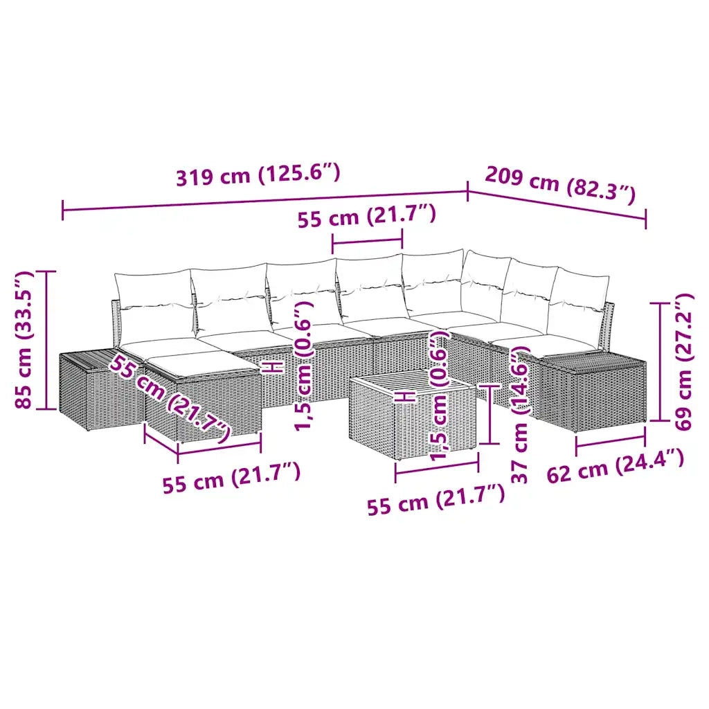 Set Divano da Giardino con cuscino 9 pcs Nero polyrattan 3347992