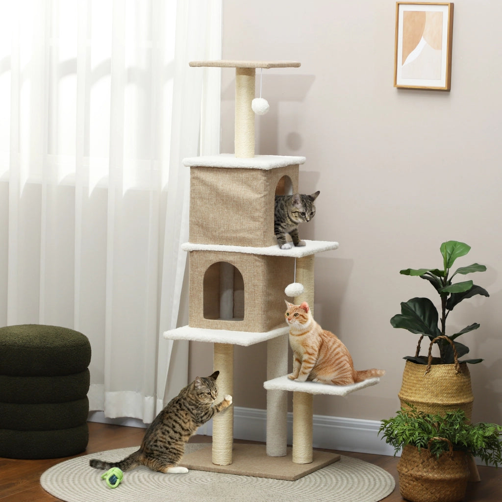 Albero tiragraffi per gatti con 2 tane e piattaforme ¨C Minimal ¨C 140 cm marrone chiaro