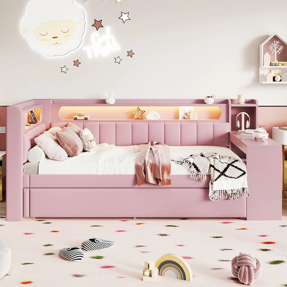 Letto a giorno-Xylo-90x200 cm-USB, LED, letto ribaltabile, scrivania, rosa