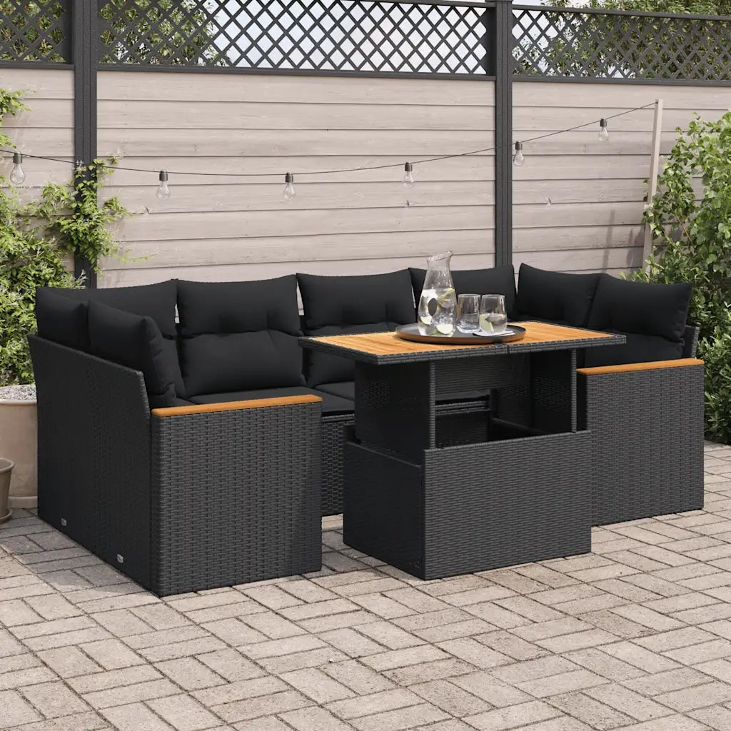 Set Divano da Giardino 6 pz con Cuscini Nero Polyrattan Acacia 3327450