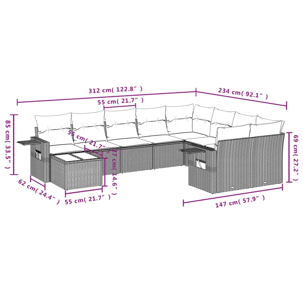 Set Divano da Giardino 10 pz con Cuscini Beige in Polyrattan 3220658