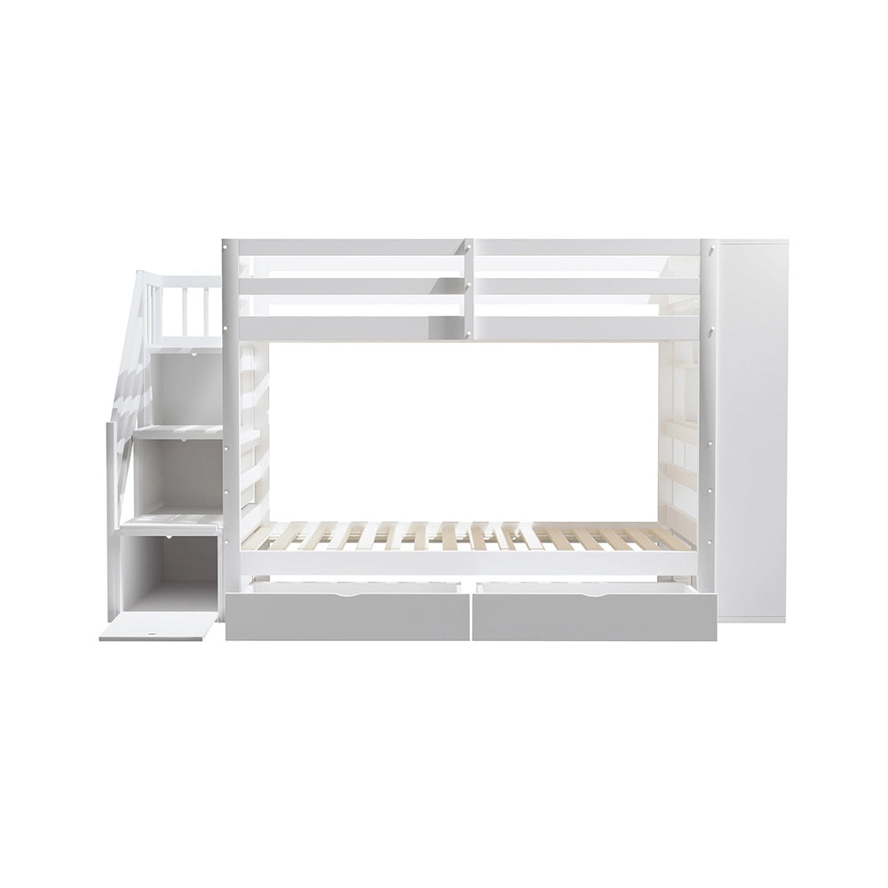 Letto a castello 90x200 cm - Xylo - Bianco con scala di sicurezza e cassetti