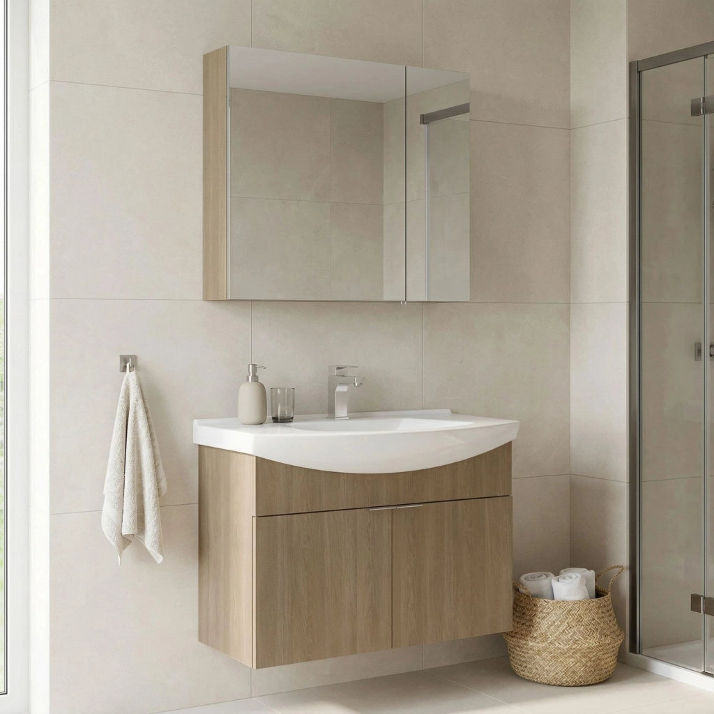 Set mobile lavabo con specchio (2 pezzi) "Purus 80" - 80 x 50 x 58 cm - Rovere