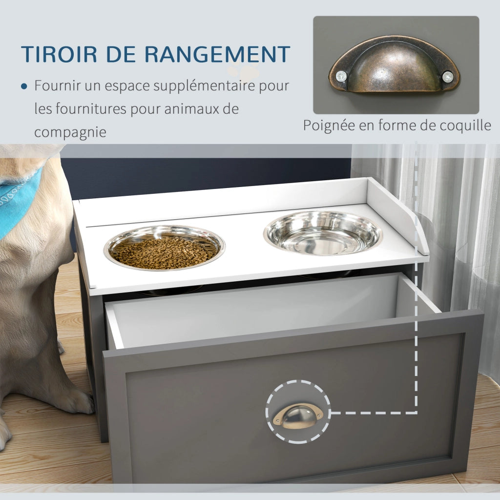 Porta Gamelle Elevato per Cani e Gatti ¨C Zephmum ¨C Bianco Grigio MDF Acciaio Inox