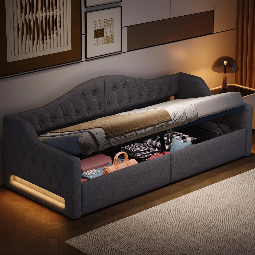 Struttura letto contenitore imbottito con LED ¨C MINIMAL ¨C Grigio, 90x200