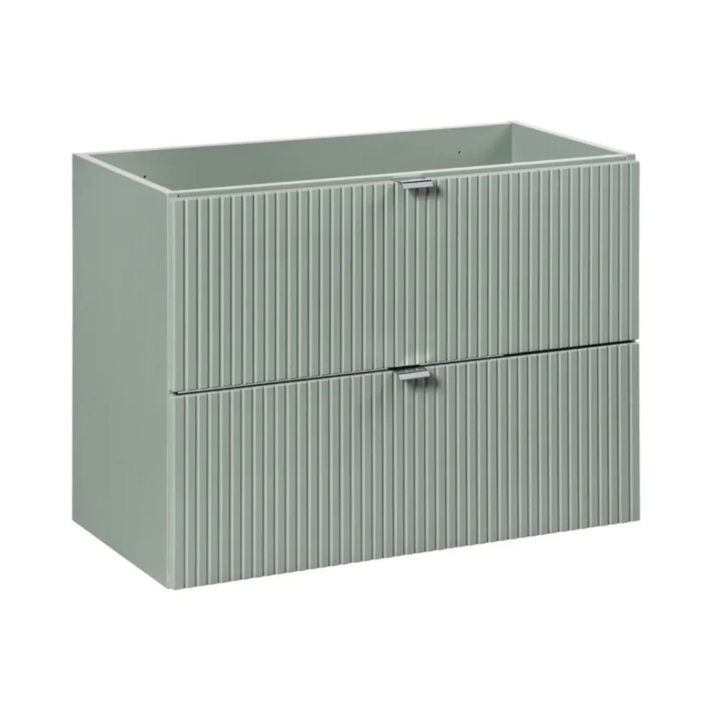 Insieme ELVINA 80cm: mobile sottolavabo con cassetti in verde salvia grigio + piano per lavabo effetto legno scuro