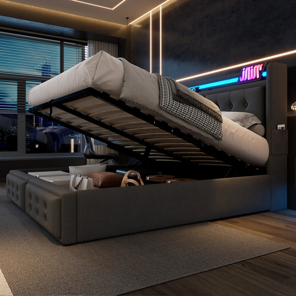 LETTO Contenitore 160x200 cm con LED e USB Tessuto grigio