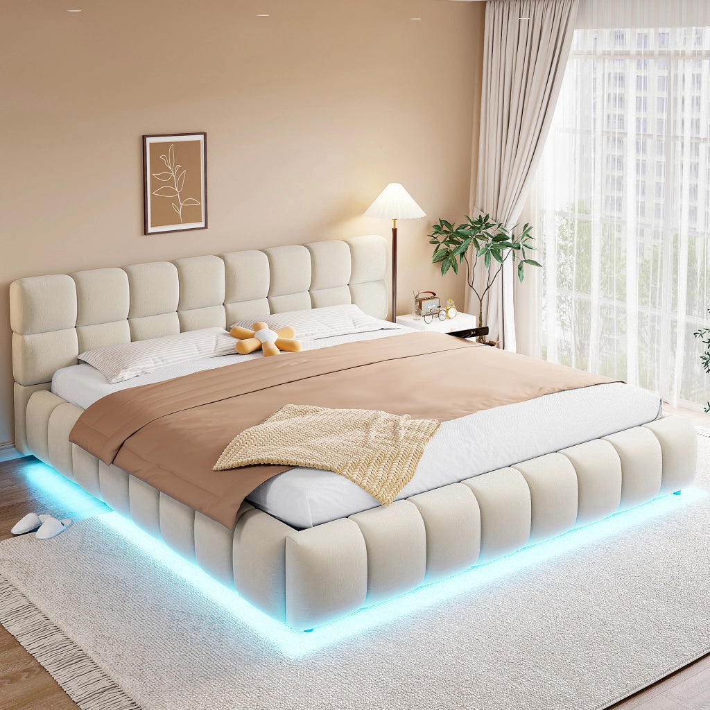 Letto imbottito 180x200 LED idraulico velluto beige