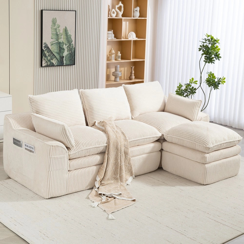 Divano modulare 3 posti con pouf - Zephmum - Beige - Cuscini e tasche laterali, schiuma a 3 strati