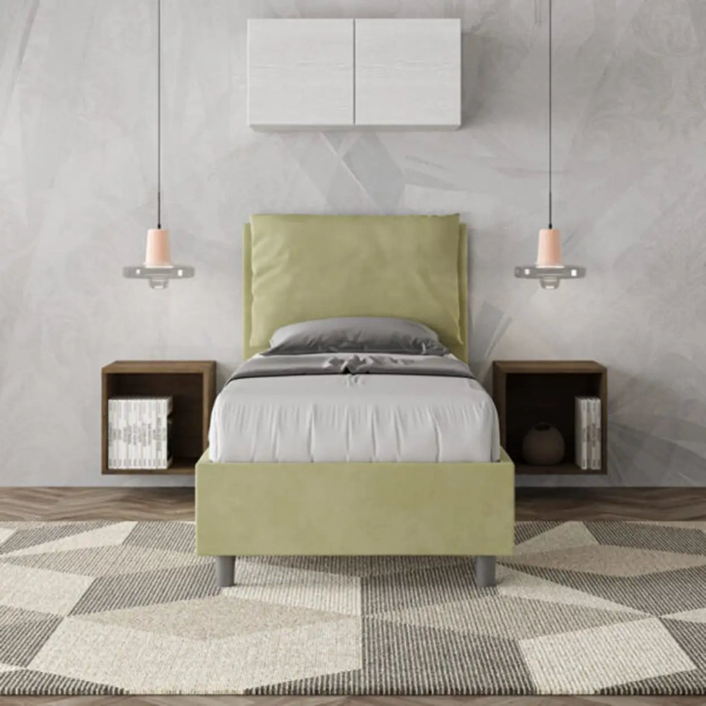 Letto singolo con rete imbottito 80x190 microfibra tè verde Antea