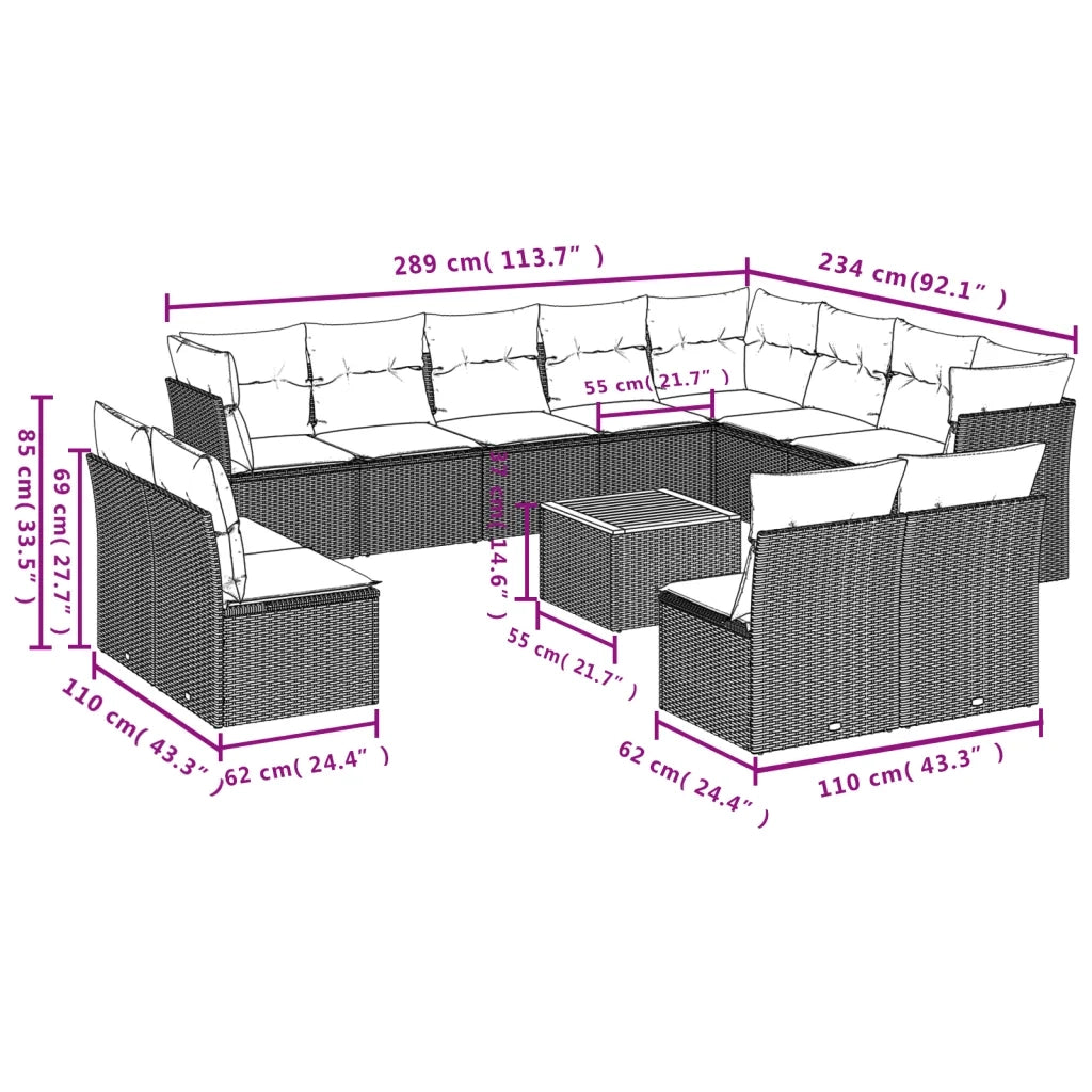 Set Divani da Giardino 13pz con Cuscini Nero in Polyrattan 3223928