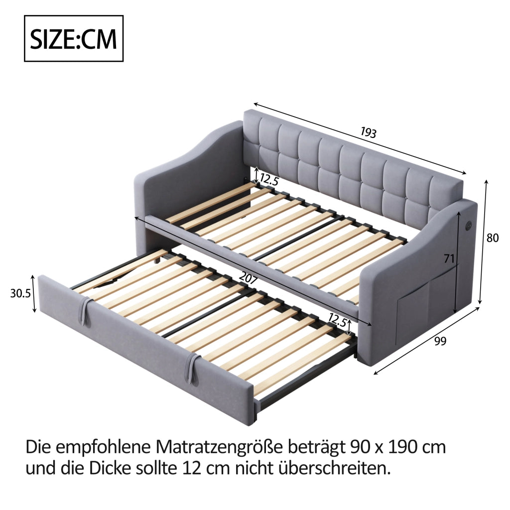LETTO Estraibile 90x190 cm in Velluto Grigio con porte USB