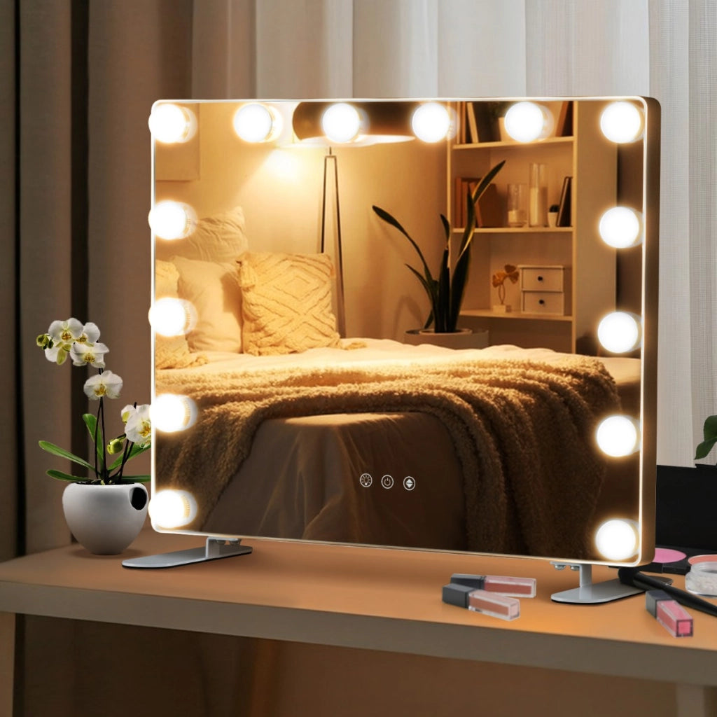Specchio rettangolare per il trucco con 3 modalit¨¤ di illuminazione, Specchio da tavolo e da parete con 14 luci LED-Specchi per il trucco
