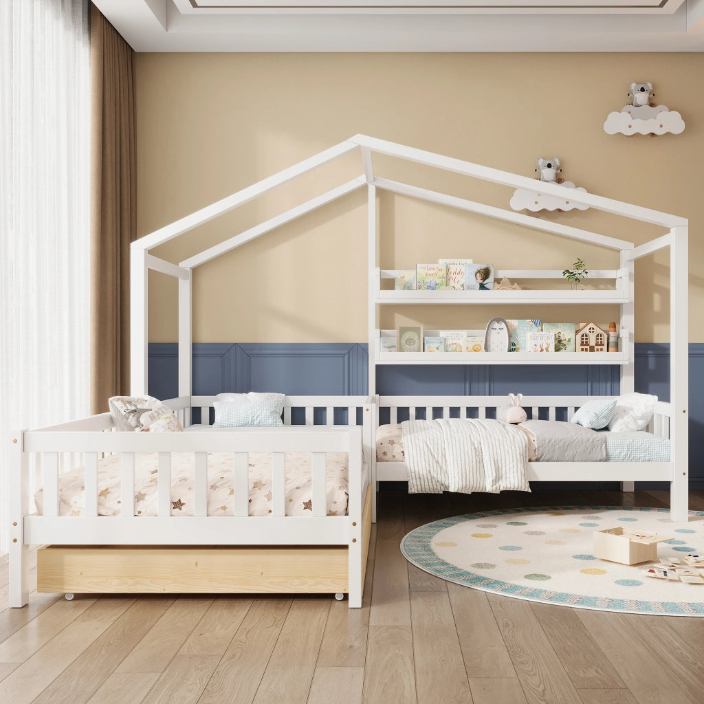 LETTO a casetta con cassetti e ripiani 242x209x178,5 cm Bianco