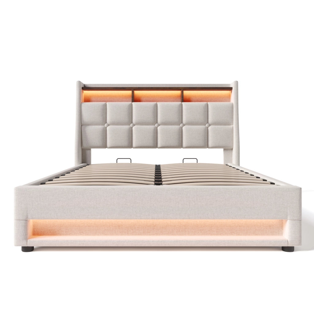 LETTO Imbottito 160x200 cm Beige con USB e LED in tessuto effetto lino