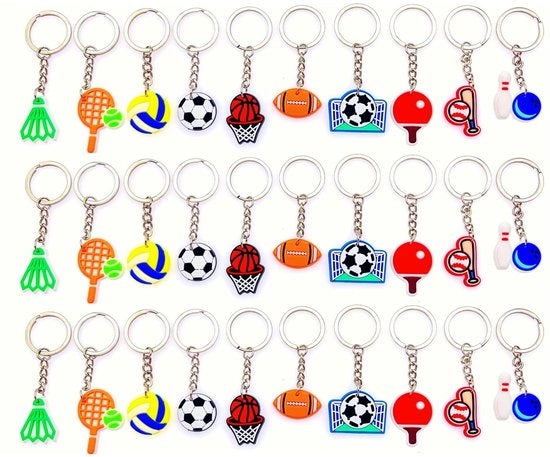 Sleutelhanger 30x Tema Sport - Tavolo Tennis/Calcio/Basket/Volley/Pallavolo/Bowling - Materiale PVC - Idee Regalo - Chiusura a Anello - Sleutelhanger Sportivo