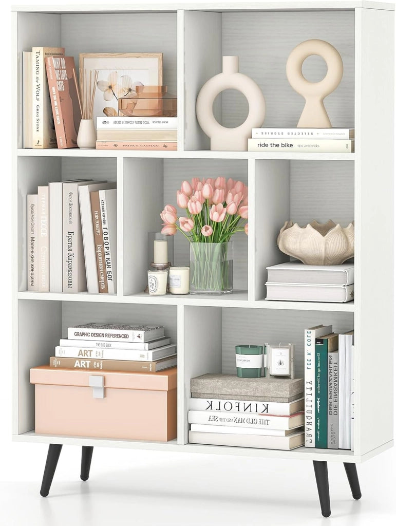 Libreria a 7 Cubi, Organizzatore di Stoccaggio Moderno con 4 Gambe di Metallo, Scaffale per Esposizione con 2 Kit Anti-Ribaltamento per Soggiorno Studio Camera da Letto, Bianco (80x24x107cm)