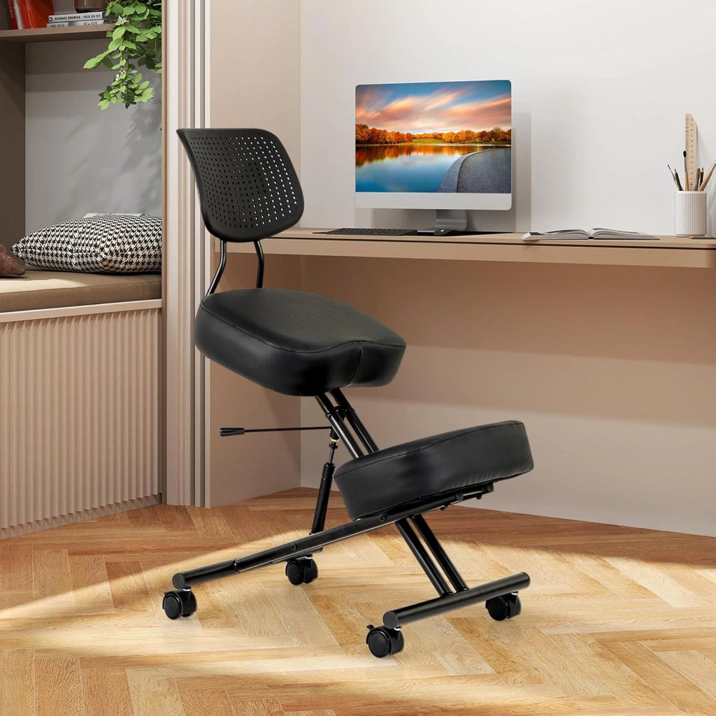 Sedia Ergonomica Inginocchiata con Schienale e Ruote, Sedia da Ginocchio Regolabile Posturale Struttura in Metallo, Sgabello Ergonomica per Casa e Ufficio (con Schienale)