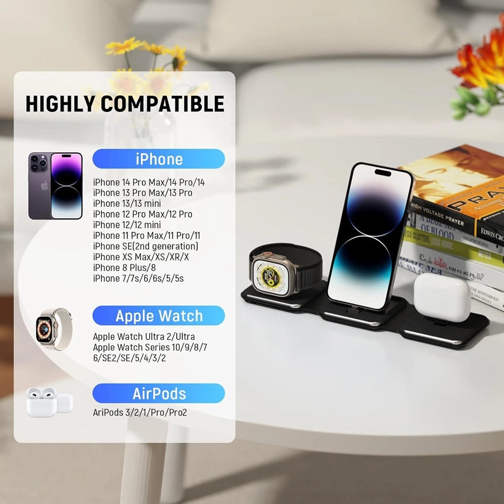 Trade Shop - Caricatore Pieghevole 3in1 Stazione Ricarica Portatile Per Apple Watch Iphone Wireless -