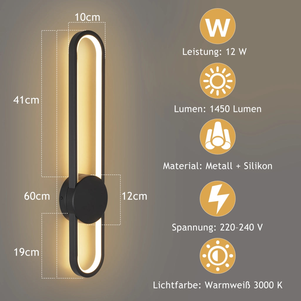 ZMH Applique LED moderna 12w 60cm 3000k Nero minimalista