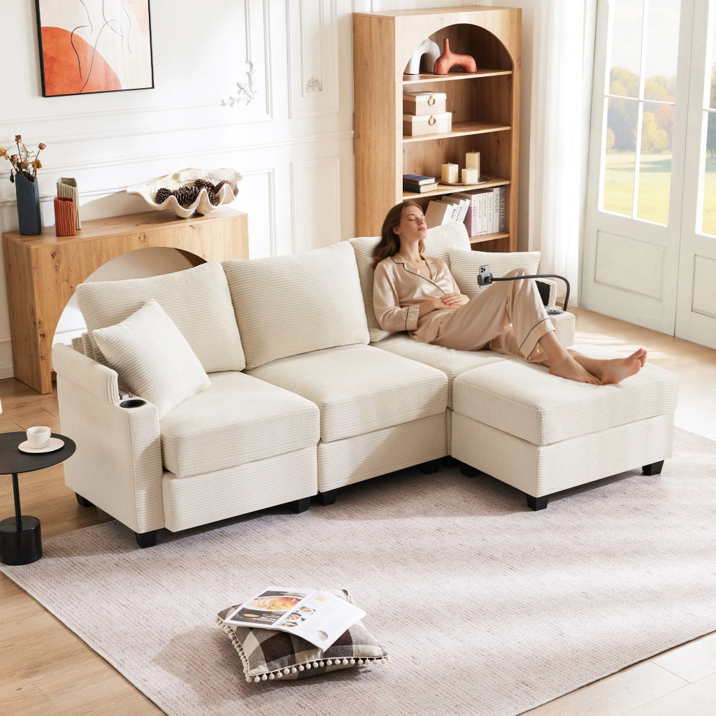 Divano Angolare 3 Posti con Poggiapiedi e Cuscini ¨C Xylo ¨C Beige