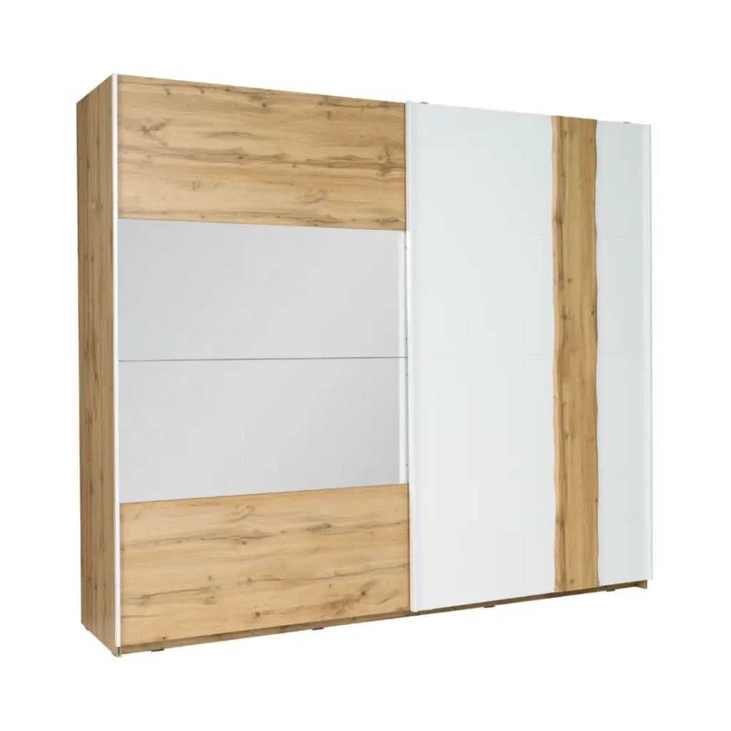 Camera completa WOOD con letto contenitore 160 x 200 cm LED, armadio 250 cm, cassettiera e comodini - Rovere e bianco