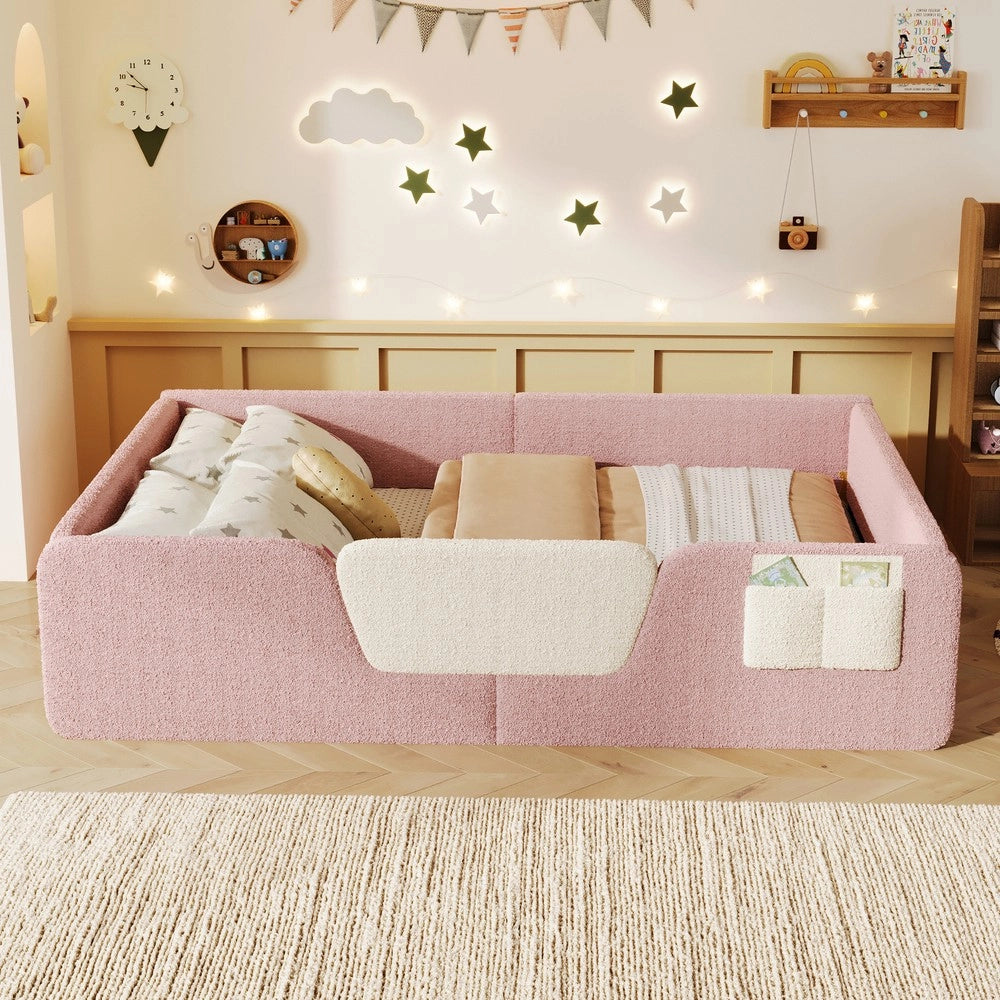 Letto Imbottito in Velluto Rosa 140x190 ¨C Xylo ¨C con Sponde Rimovibili e Tasca