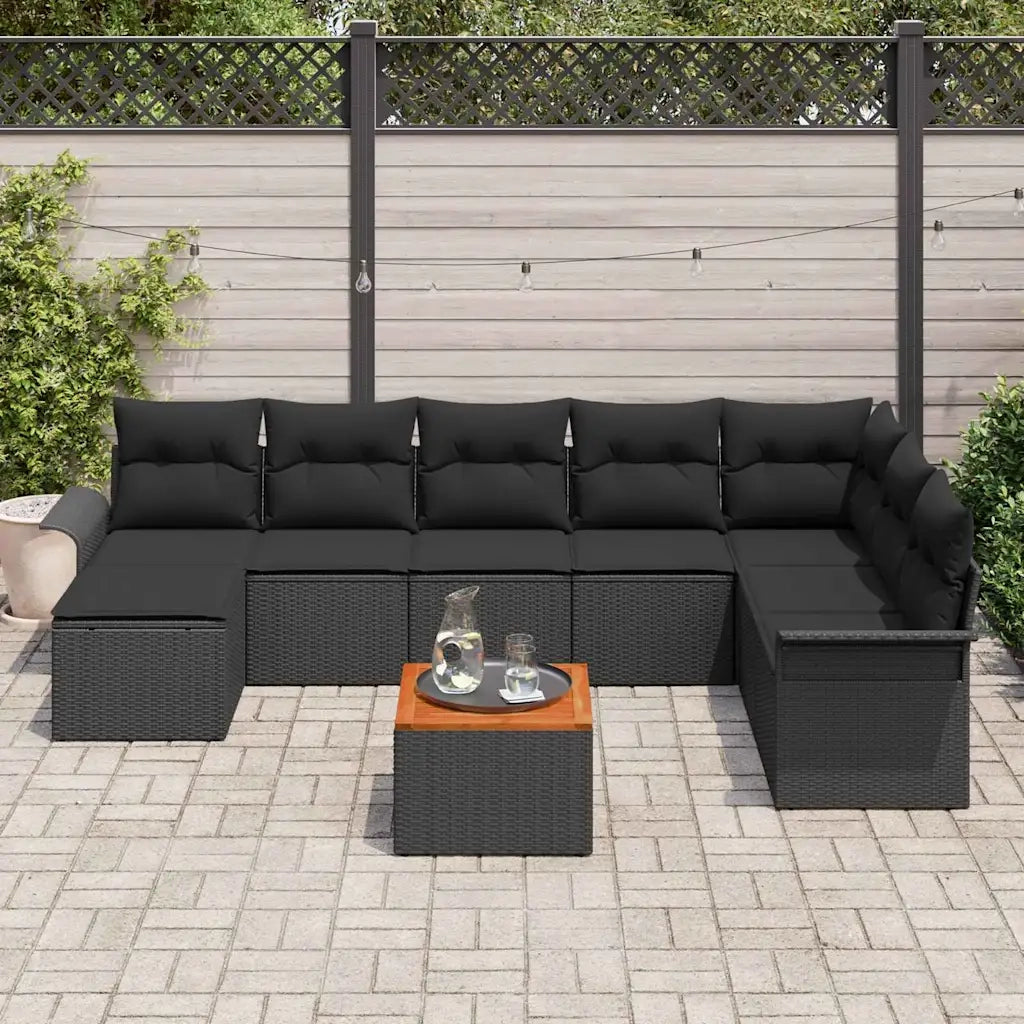 Set Divano da Giardino con cuscino 9 pcs Nero polyrattan