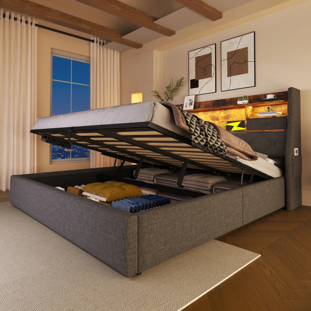 LETTO Contenitore 140x190 cm Grigio in Lino con LED e Porte USB/Type-C