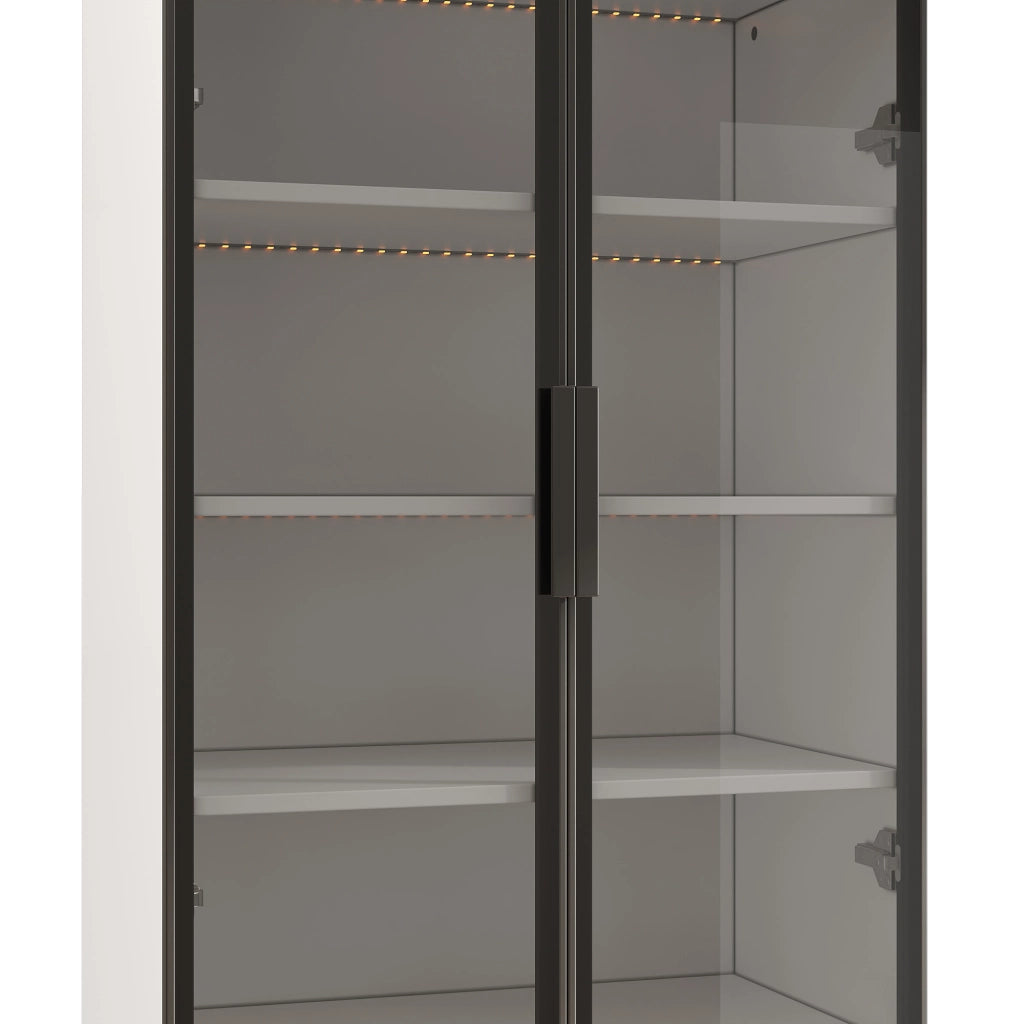 Vetrina con LED e ante in vetro fumé, struttura in truciolare e alluminio, bianco, a due porte inferiori, 120 × 40 × 160 cm