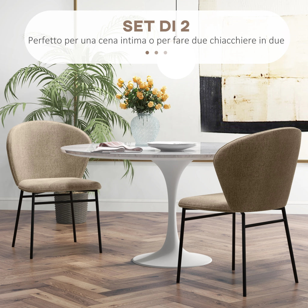 Set 2 Sedie Sala da Pranzo in Acciaio e Tessuto Effetto Lino, Seduta Imbottita, Schienale Curvo, Marrone Chiaro